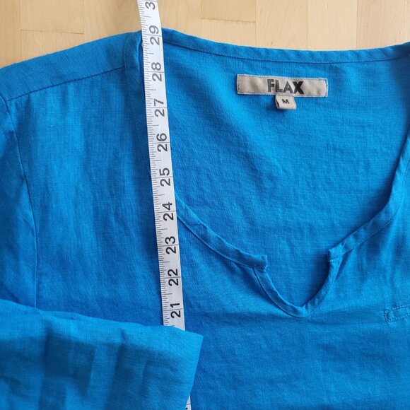 FLAX 100% Linen 2 Pc Tunic~Shorts Size MEDIUM Sapphire Blue Tab Adj Long Sleeves - Picture 9 of 15